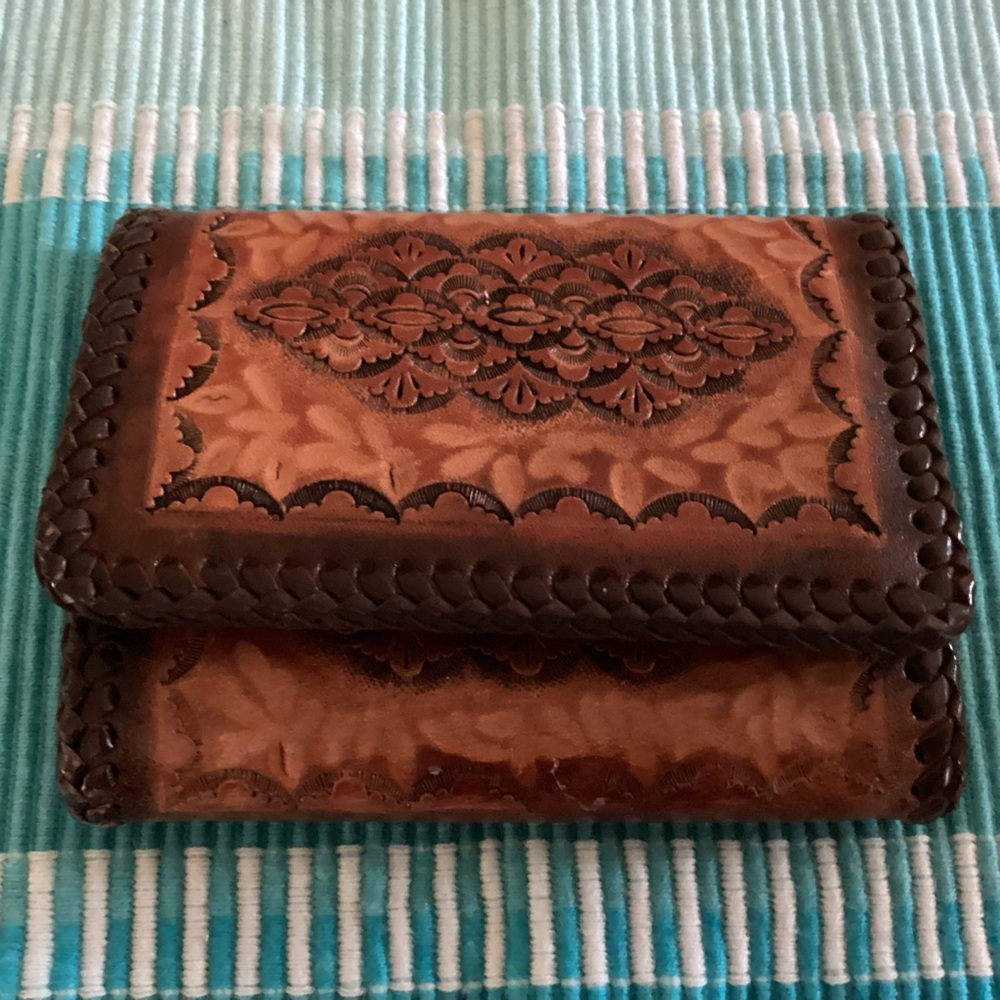 Vintage Hand Tooled Leather Trifold Wallet.